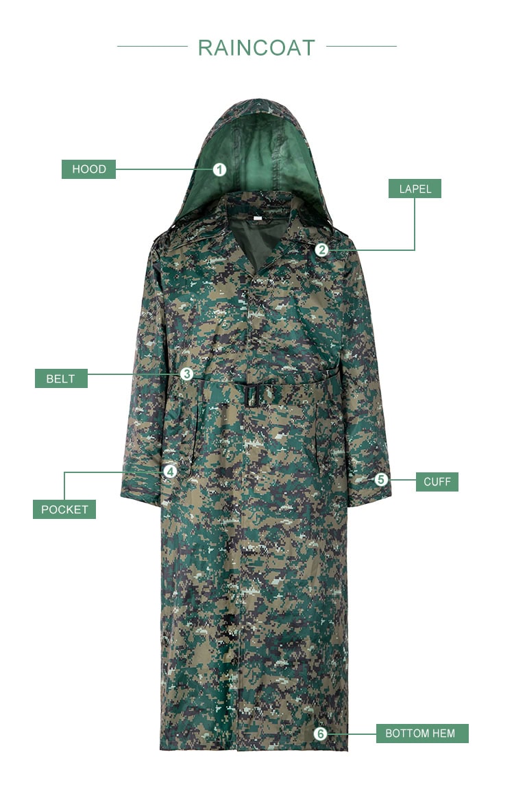Infographic detailing the features of the custom jungle digital long raincoat: hood, lapel, belt, pocket, cuff, and bottom hem.