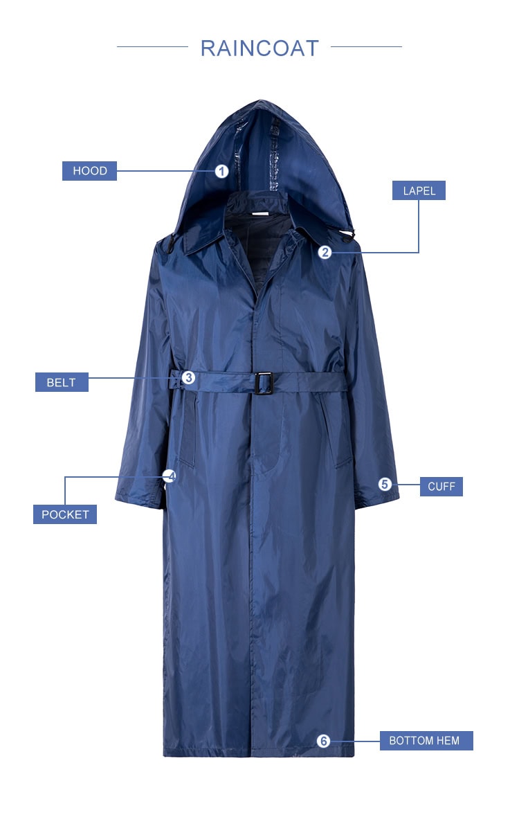Infographic detailing the features of the custom navy blue waterproof long raincoat: hood, lapel, belt, pocket, cuff, and bottom hem.