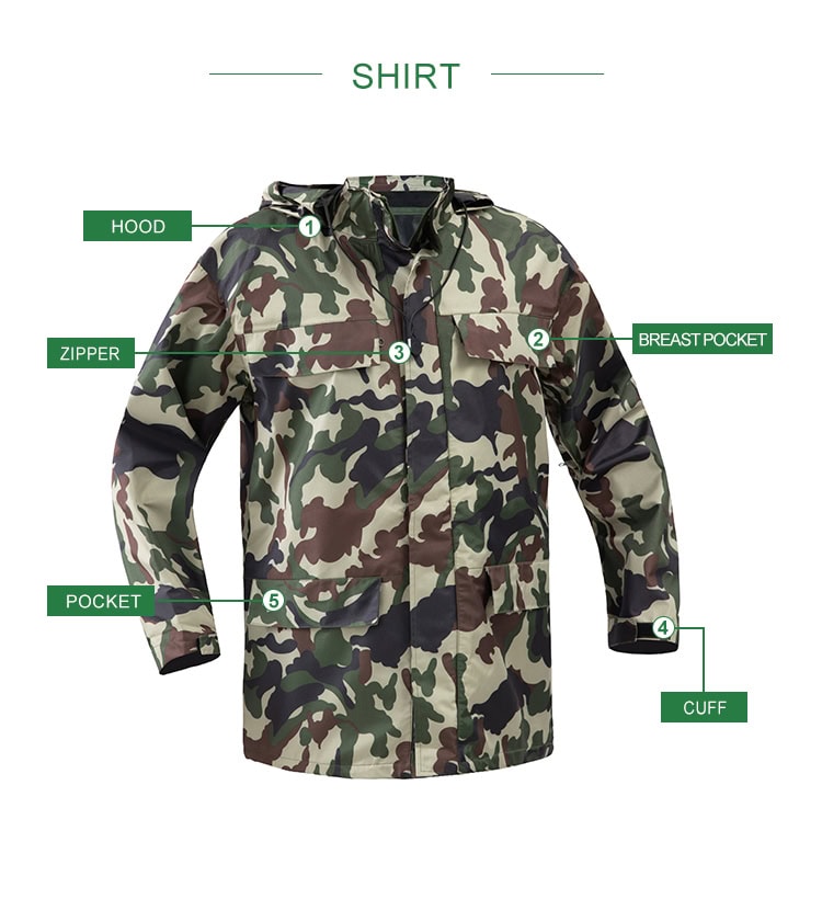 Infographic detailing the features of the custom woodland camo military rain poncho: hood, zipper, breast pocket, and cuff.