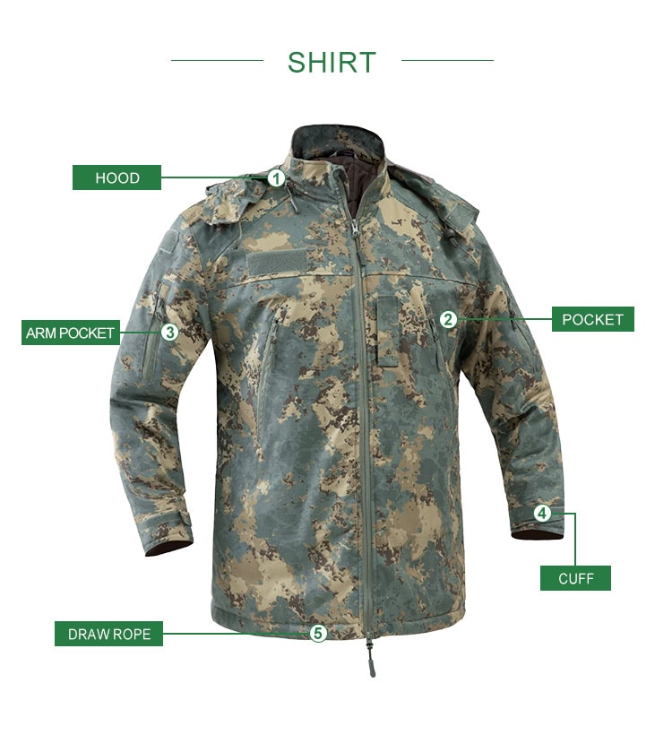 Infographic detailing the features of the custom Azerbaijan camo softshell jacket: hood, arm pocket, pocket, and draw rope.