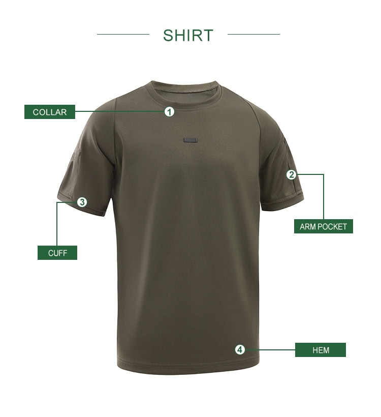 Infographic detailing the features of the custom olive green tactical t-shirt: collar, arm pocket, cuff, and hem.
