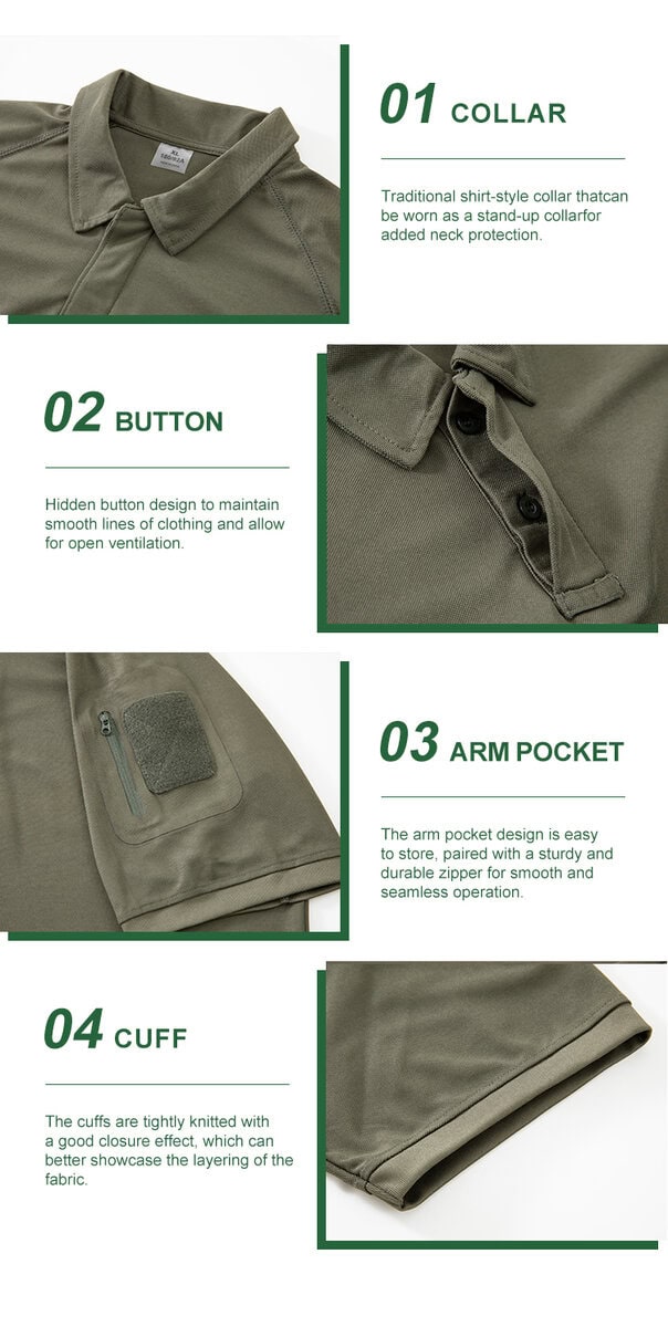 Detailed infographic of four tactical polo shirt features: traditional collar, concealed button placket, zippered arm pocket, and knitted cuff.