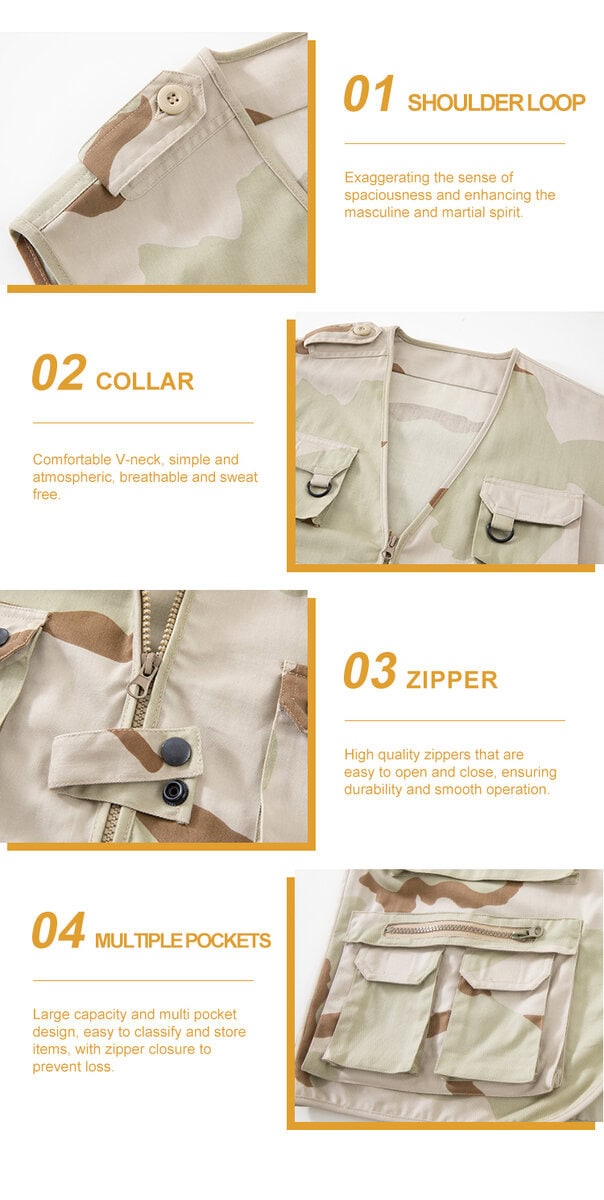 Detailed infographic of four tactical vest features: shoulder loop, V-neck collar, heavy-duty zipper, and multi-pocket design.