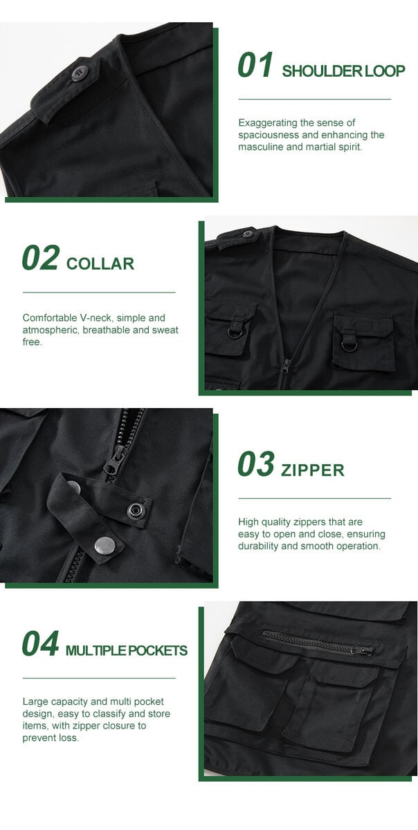 Detailed infographic of four tactical vest features: shoulder loop, V-neck collar, heavy-duty zipper, and multi-pocket design.