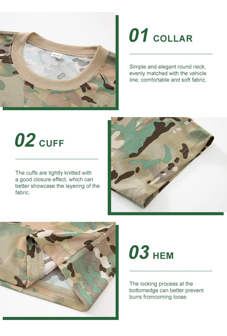 Detailed infographic of three t-shirt features: comfortable round collar, tightly knitted cuff, and reinforced locking-stitch hem.