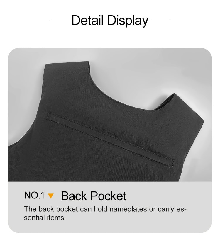 Detailed infographic of the zippered back pocket on the custom black concealable body armor vest carrier.