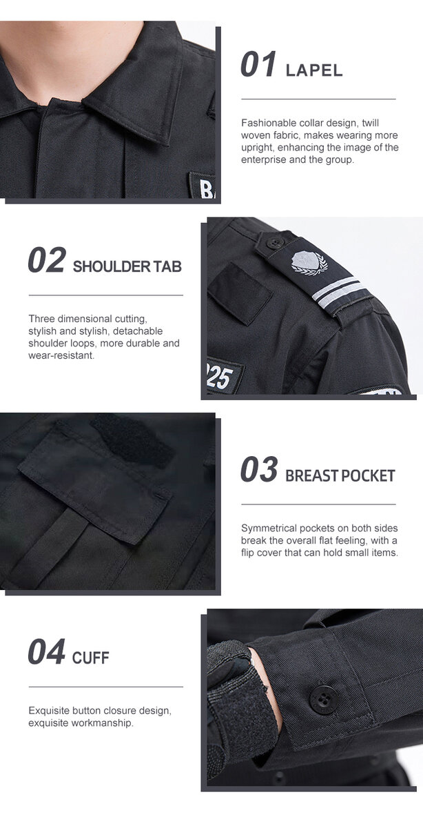 Detailed infographic of four security shirt features: fashionable lapel, detachable shoulder tab, flapped breast pocket, and buttoned cuff.