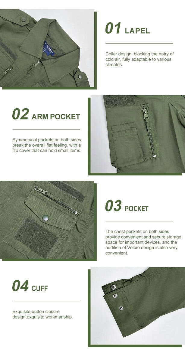 Detailed infographic of four tactical shirt features: professional lapel, zippered arm pocket, chest pocket, and adjustable snap cuff.