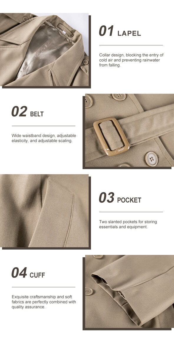 Detailed infographic of four officer trench coat features: wide lapel, adjustable belt, deep slanted pockets, and adjustable cuffs.
