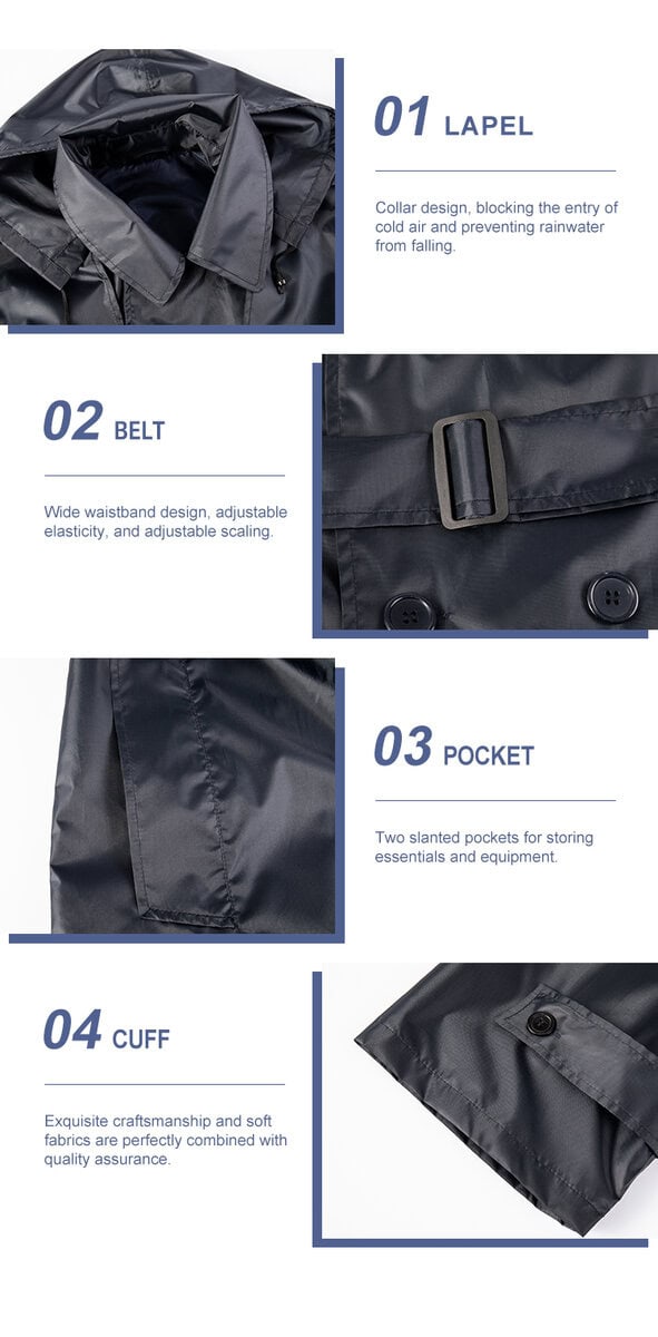 Detailed infographic of four trench coat features: wide lapel, adjustable belt, deep slanted pockets, and adjustable cuffs.