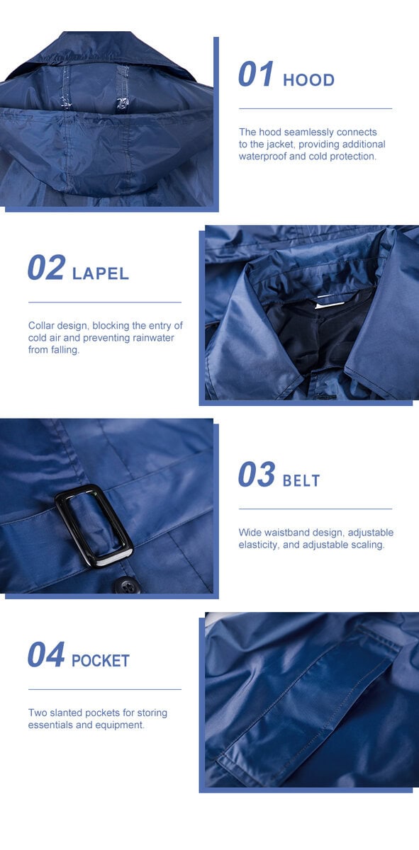 Detailed infographic of four raincoat features: large hood, lapel collar, adjustable belt, and slanted side pocket.