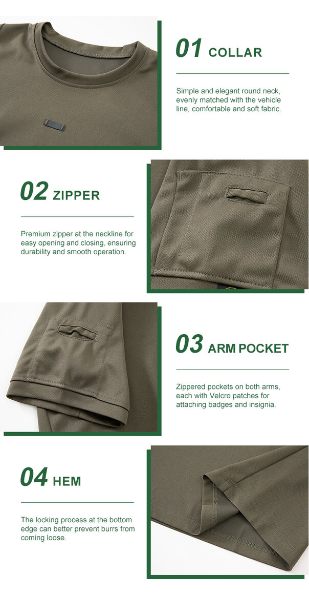 Detailed infographic of four tactical t-shirt features: round collar, zippered chest pocket, zippered arm pocket, and reinforced hem.