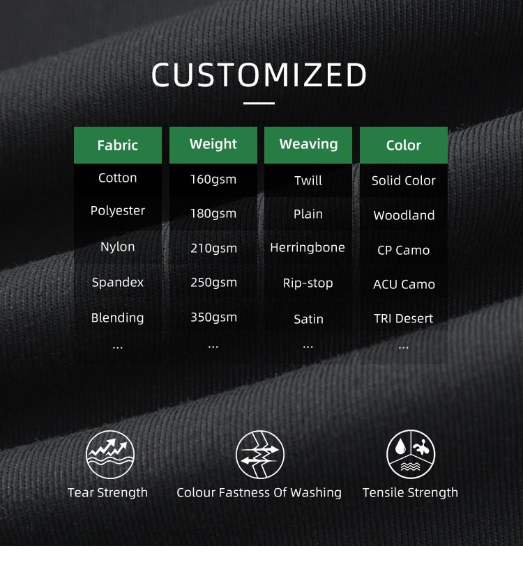 Chart of customizable fabric options for the custom black multi-pocket tactical vest, including rip-stop and various weights.