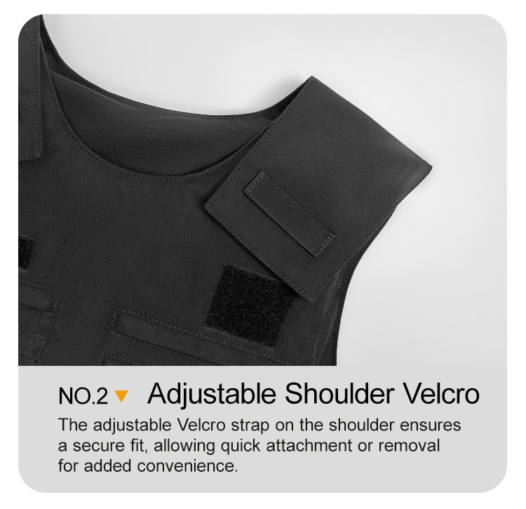 Detailed infographic of the adjustable shoulder velcro strap on the custom black concealable body armor vest carrier.