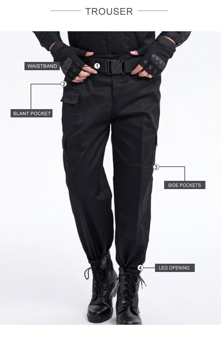 Infographic of the custom black security guard uniform trousers, highlighting the waistband, slant pocket, side pockets, and leg opening.