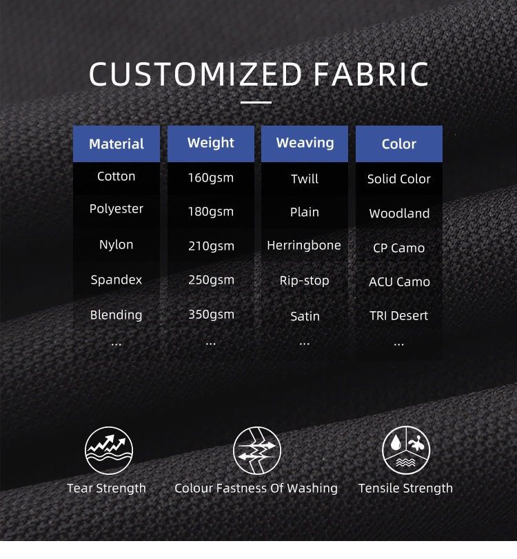 Chart of customizable fabric options for the custom long sleeve security polo shirt, including various materials, weights, and weaves.