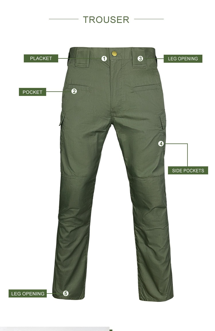 Infographic of the custom olive green tactical uniform trousers, highlighting the waistband, pockets, and side pockets.