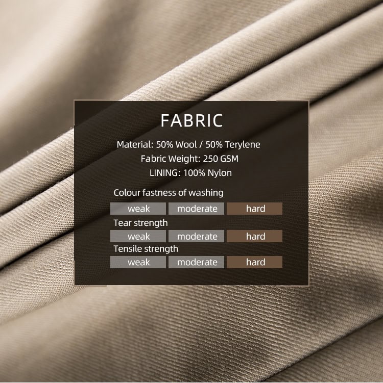 Chart of the premium 50% Wool/50% Terylene fabric used for the custom khaki military officer trench coat.