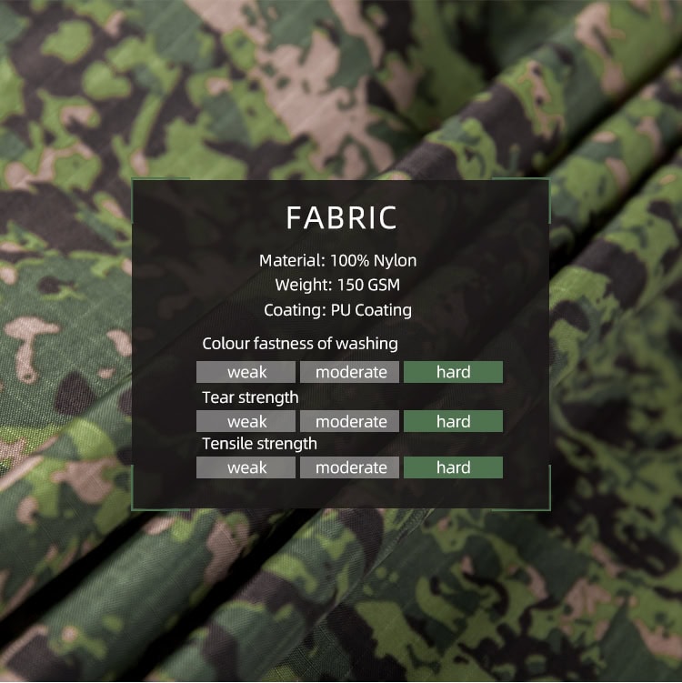 Chart of the waterproof 100% Nylon fabric used for the custom Philippine jungle camo military poncho, showing hard ratings for strength.