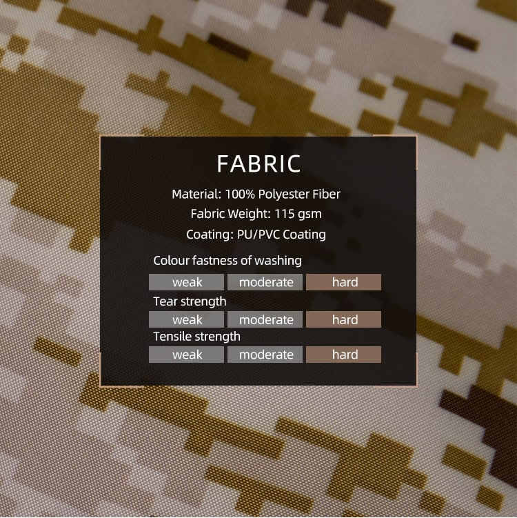 Chart of the waterproof 100% Polyester fabric used for the custom digital desert military raincoat, showing hard ratings for strength.