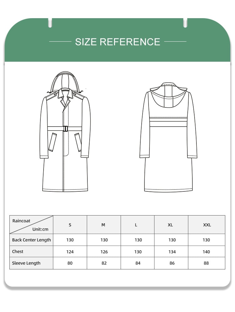 Full size reference chart with measurements for the custom jungle digital long raincoat.