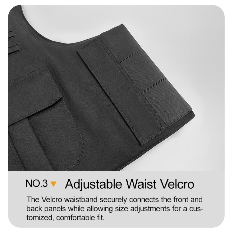 Detailed infographic of the adjustable waist velcro on the custom black concealable body armor vest carrier.