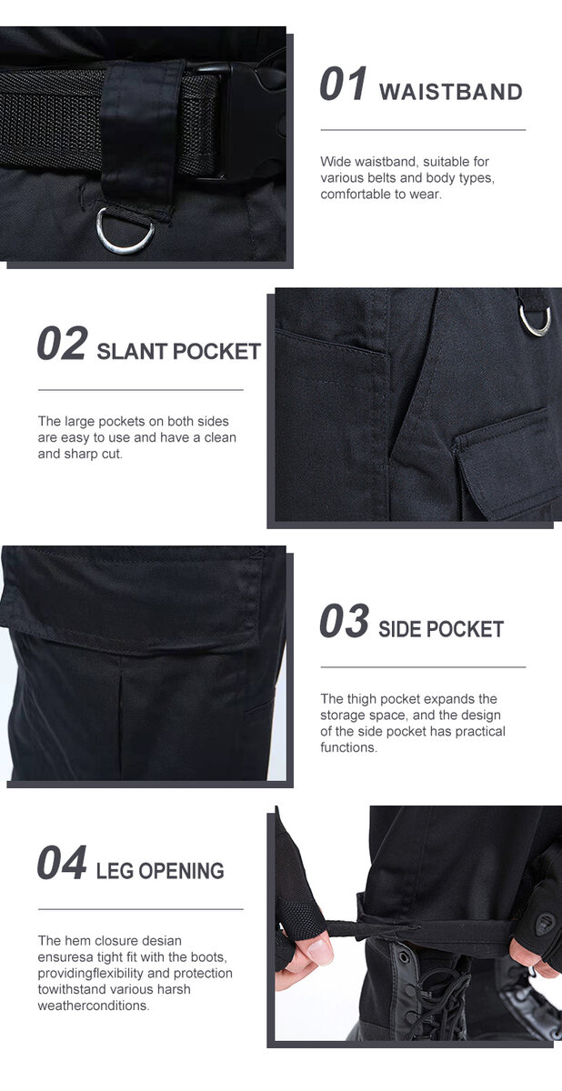 Detailed infographic of four security trouser features: wide waistband with D-ring, deep slant pocket, expandable side pocket, and adjustable leg opening.