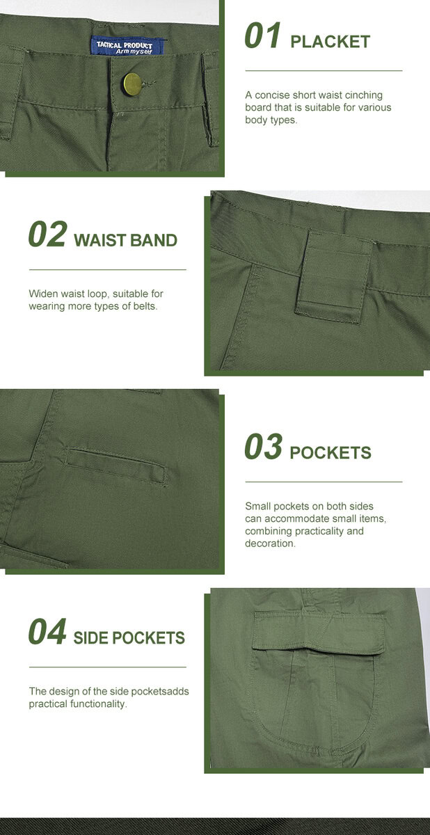 Detailed infographic of four tactical trouser features: button placket, waistband, main pockets, and side pockets.