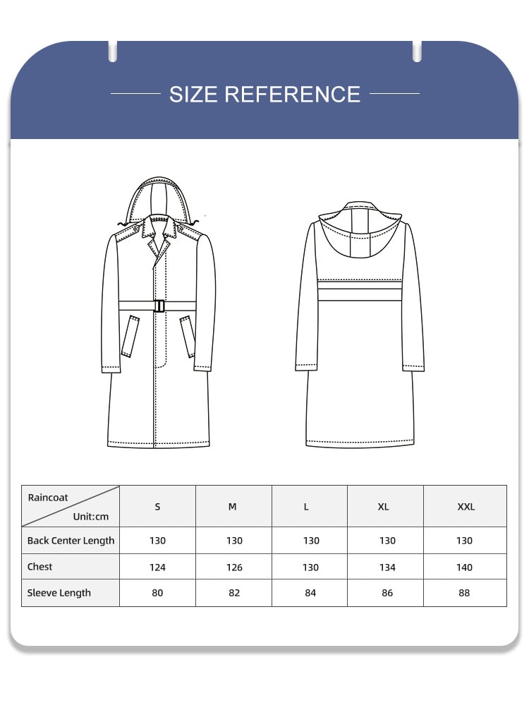 Full size reference chart with measurements for the custom navy blue waterproof trench coat.