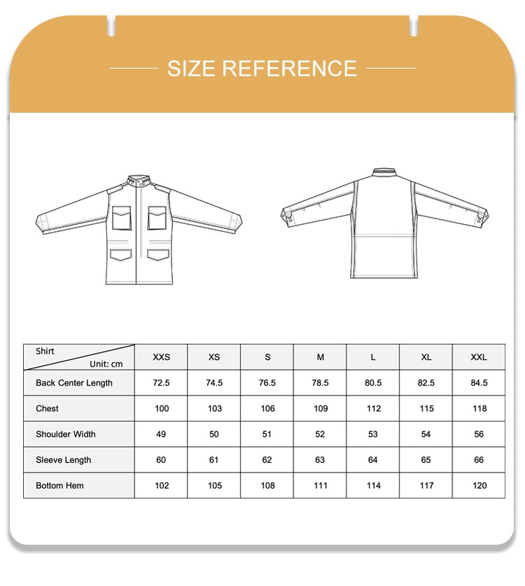 Full size reference chart with measurements for the custom Saudi 6-color desert M65 jacket.