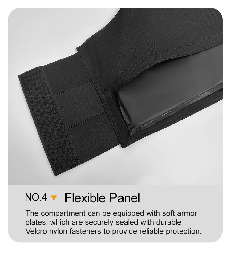 Detailed infographic of the flexible panel compartment inside the custom black concealable body armor vest carrier.