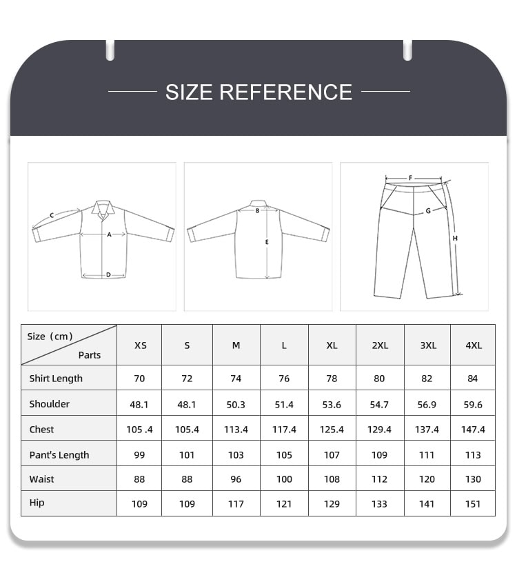 Full size reference chart with measurements for the custom black security guard uniform shirt and pants.