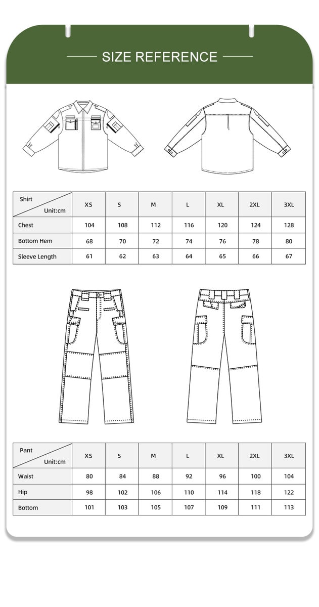 Full size reference chart with measurements for the custom tactical uniform shirt and pants.