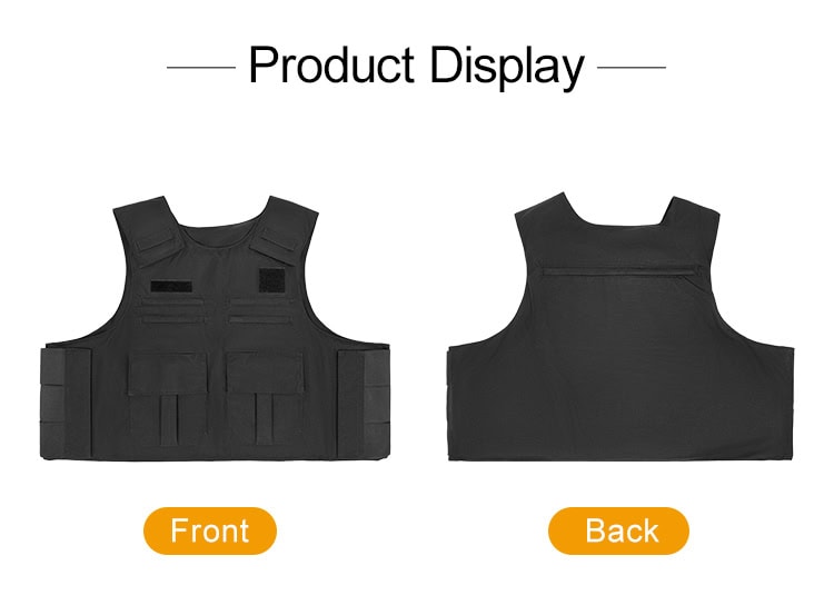 Product display showing the front and back views of the custom black concealable body armor vest carrier.