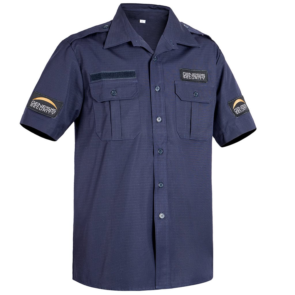 Front view of the custom navy blue ripstop security shirt with buttoned chest pockets and velcro patch panels.