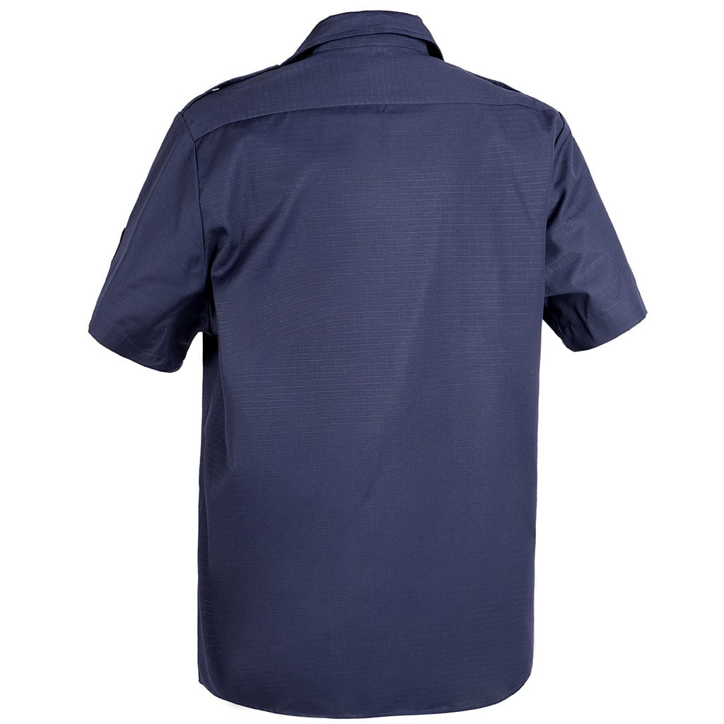Back view of the custom navy blue ripstop security shirt, showing the clean, professional design and yoke construction.