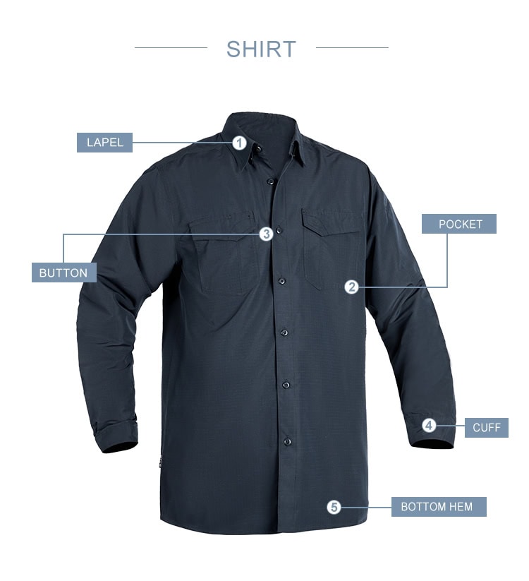 Infographic detailing the features of the custom navy blue waterproof work shirt: lapel, button, pocket, and cuff.