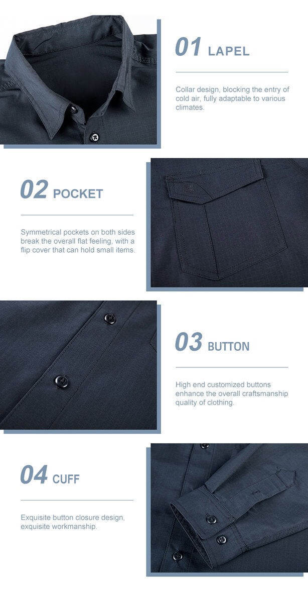 Detailed infographic of four work shirt features: lapel collar, symmetrical chest pockets, high-end buttons, and adjustable cuffs.