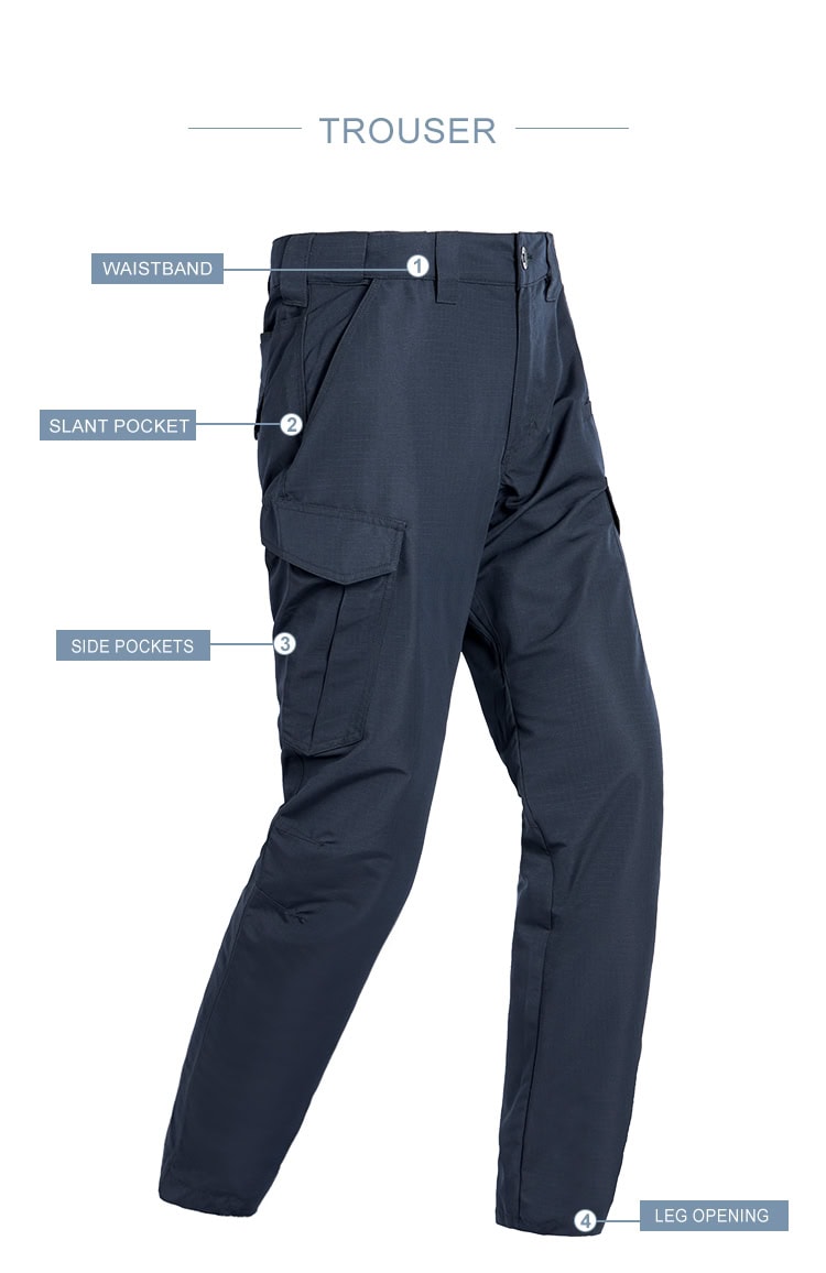 Infographic of the custom navy blue waterproof work trousers, highlighting the waistband, slant pocket, side pockets, and leg opening.