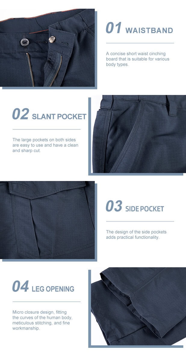 Detailed infographic of four work trouser features: structured waistband, deep slant pocket, expandable side pocket, and finished leg opening.