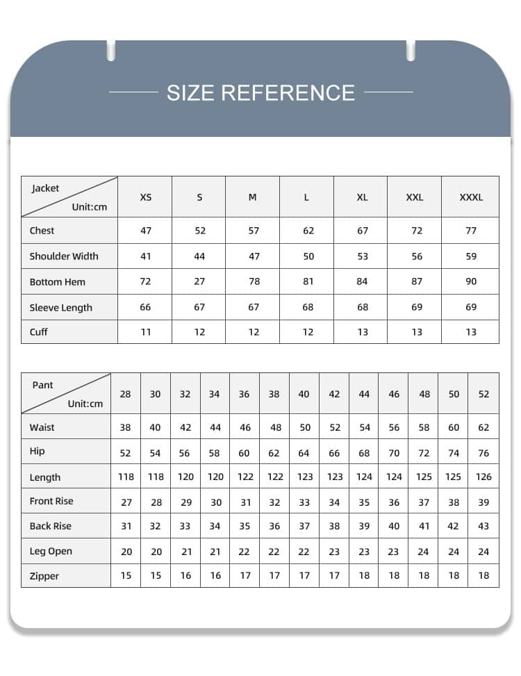 Full size reference chart with measurements for the custom navy blue waterproof work uniform shirt and pants.