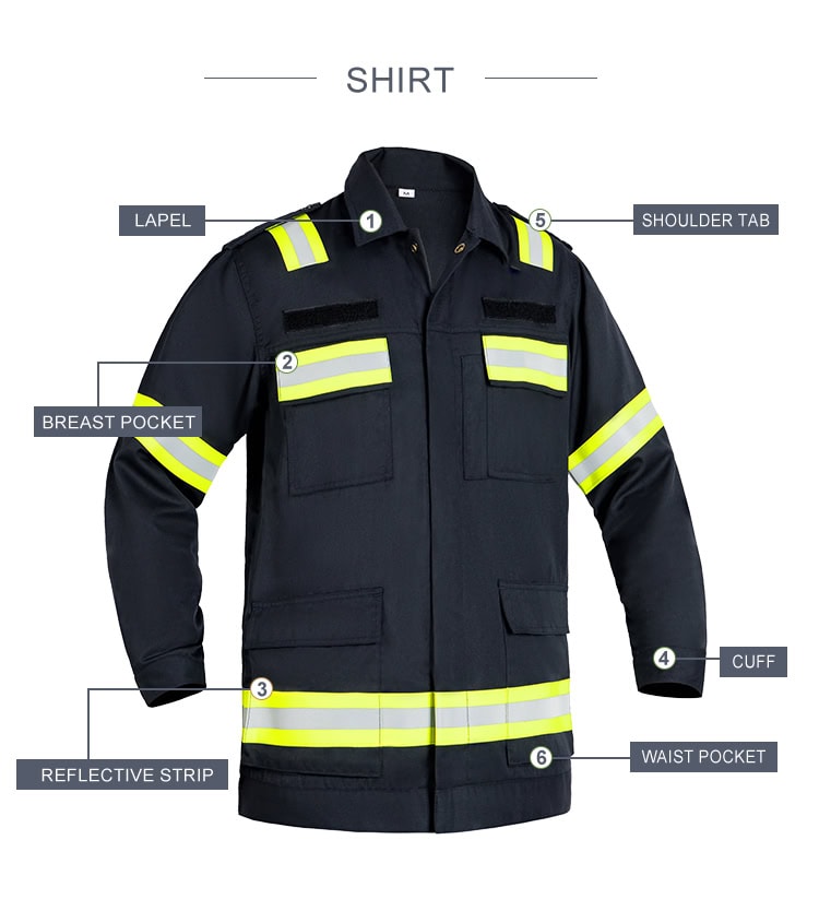 Infographic detailing the features of the custom flame resistant firefighter jacket: lapel, shoulder tab, pockets, and reflective stripes.