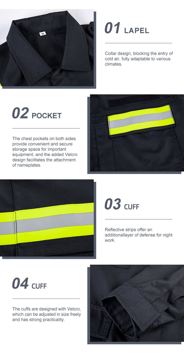 Detailed infographic of four firefighter jacket features: professional lapel, chest pocket with velcro, reflective cuff, and adjustable cuff.