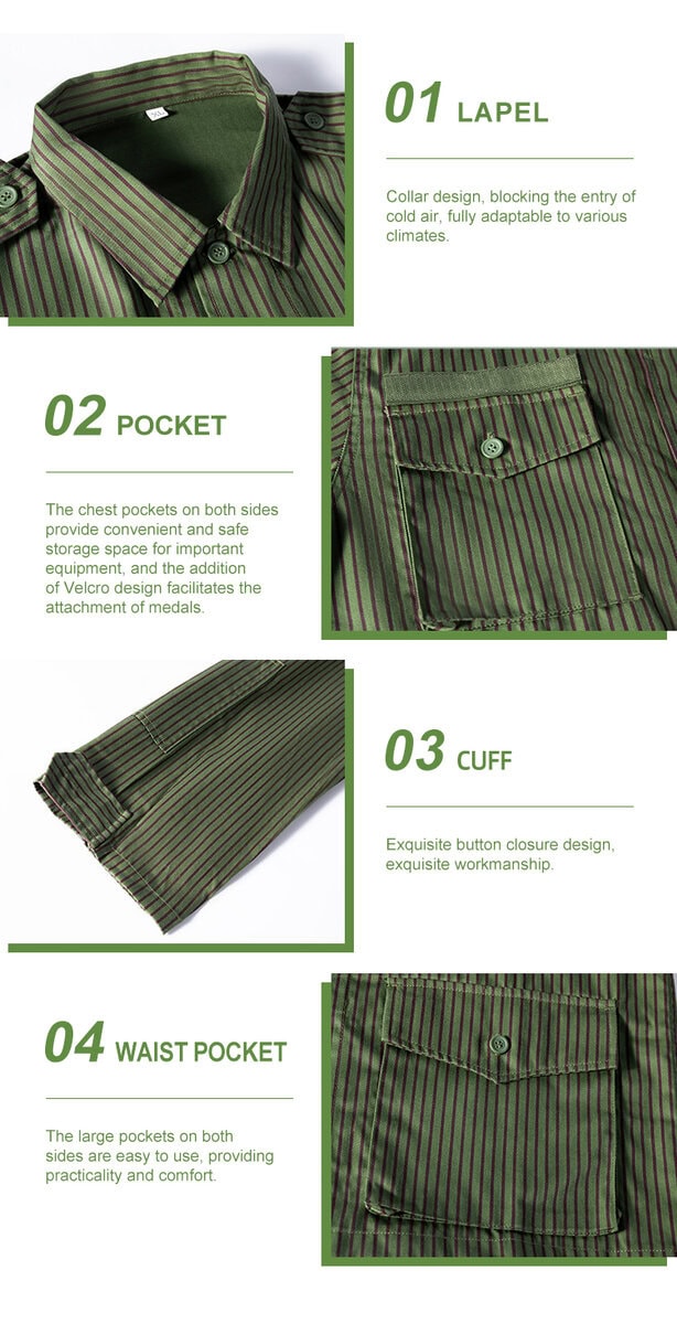 Detailed infographic of four security jacket features: lapel collar, chest pocket with velcro, button cuff, and waist pocket.