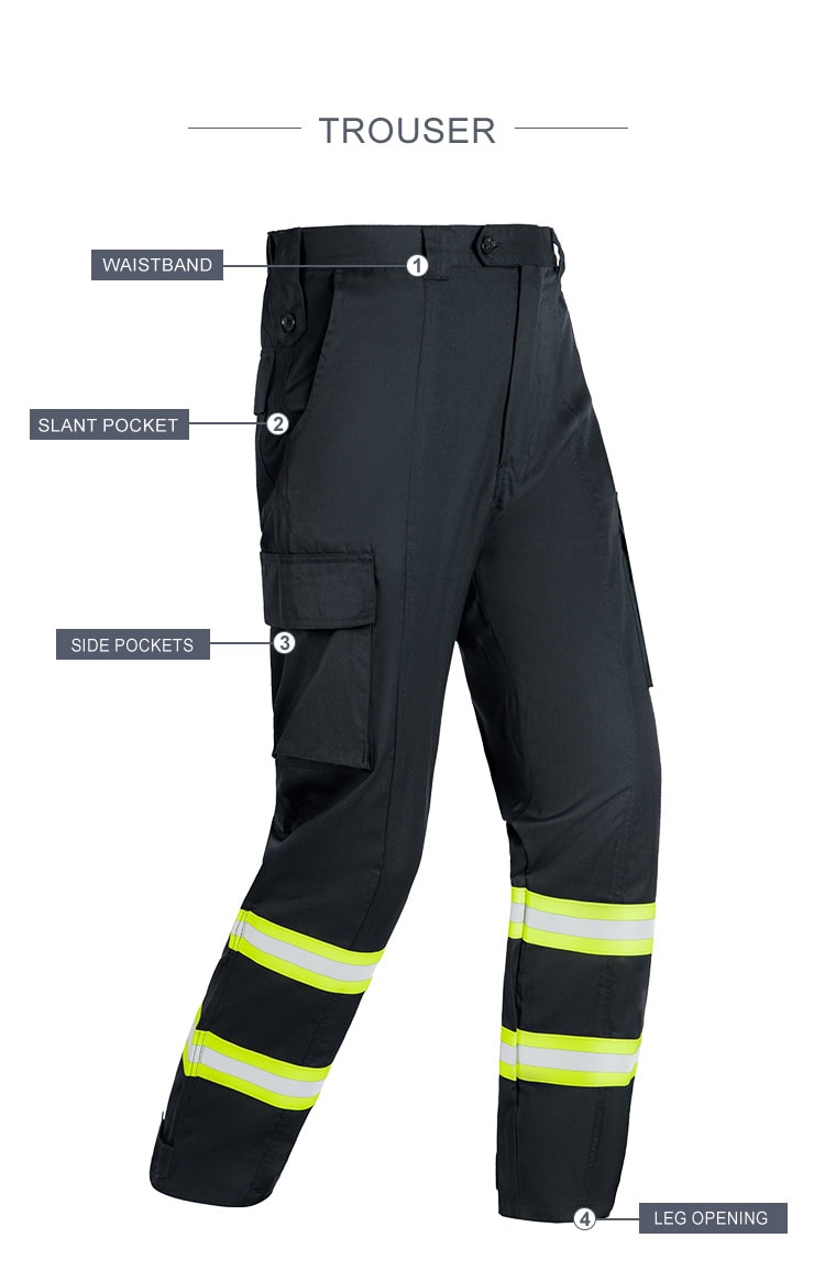 Infographic of the custom flame resistant firefighter trousers, highlighting the waistband, pockets, and reflective stripes.