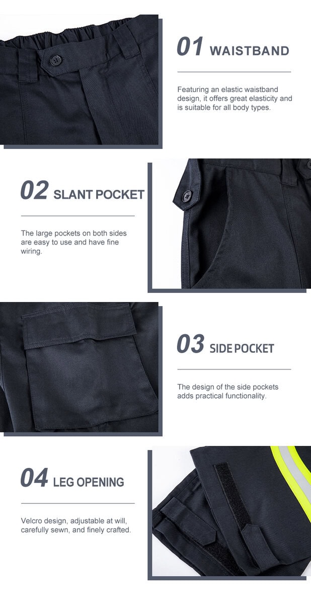Detailed infographic of four firefighter trouser features: elastic waistband, deep slant pocket, side cargo pocket, and velcro leg opening.