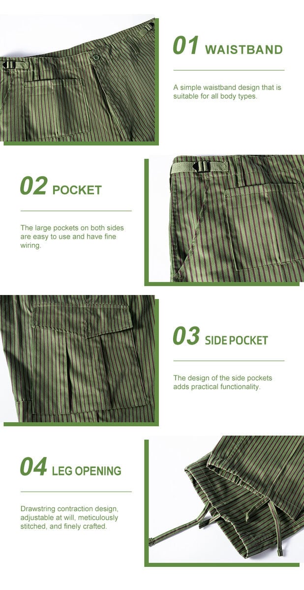 Detailed infographic of four security trouser features: simple waistband, large pocket, flapped side pocket, and drawstring leg opening.