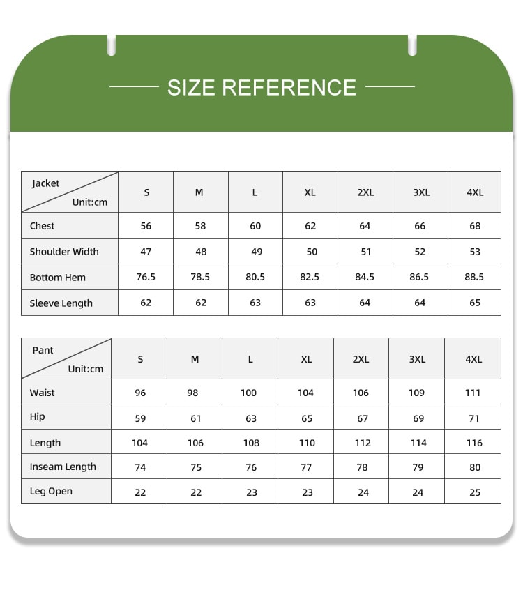 Full size reference chart with measurements for the custom green striped security uniform jacket and pants.
