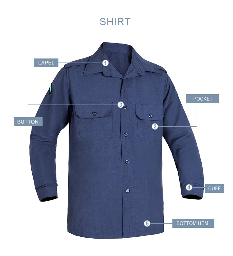 Infographic detailing the features of the custom navy wool blend uniform shirt: lapel, button, pocket, and cuff.