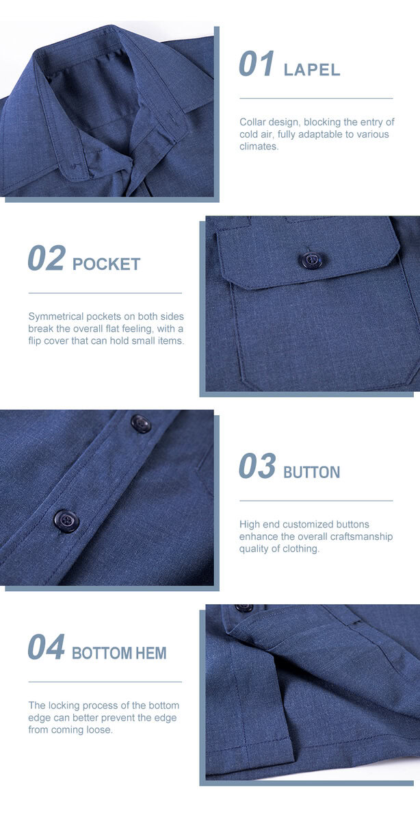 Detailed infographic of four uniform shirt features: lapel collar, symmetrical chest pockets, high-end buttons, and reinforced hem.